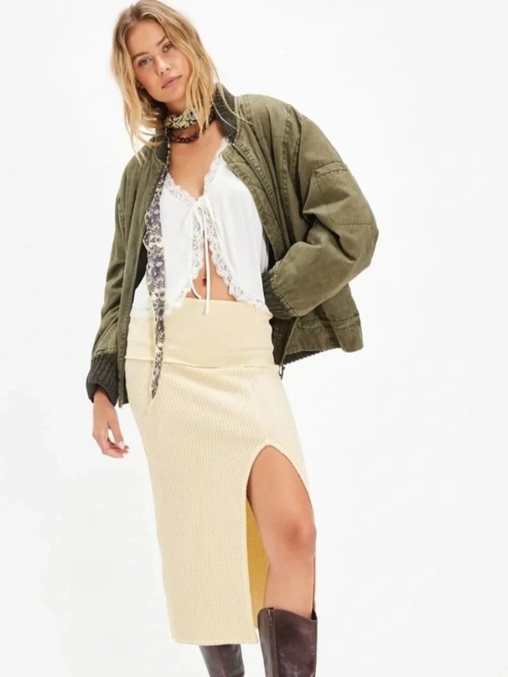 Free People FP One Pari Midi Skirt Pull On Textured Waistband Cream S